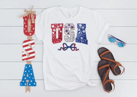 Faux Glitter USA w/ Bow - Full Color