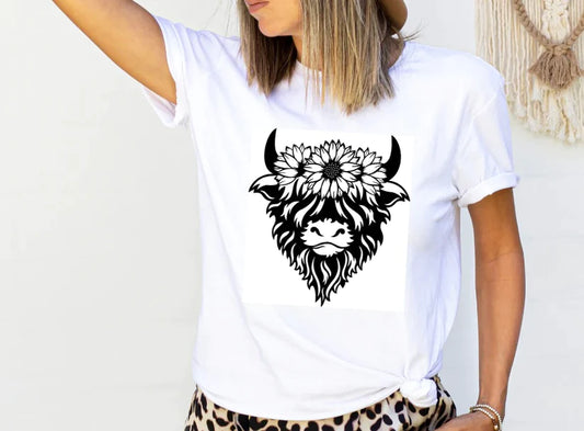 Floral Highland Cow (Black print)